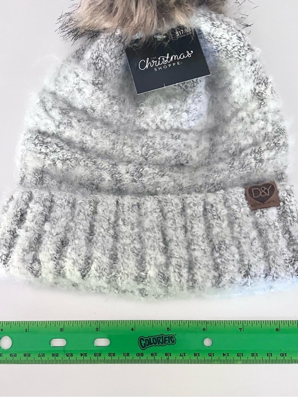 D&Y Light Gray Knit Beanie with Faux Fur Pom - Picture 6 of 7